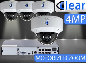 8 CH NVR with (4) IPX6 4 Megapixel, 3.3-12mm Motorized Lens, 30m IR, H.265, CVBS (BNC) Optional, Network IP Dome Camera