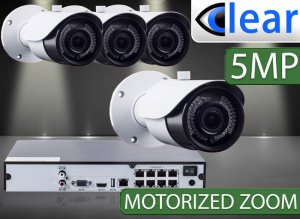 8 CH NVR with (4) IPX11 5 Megapixel, 3.6-10mm Motorized Lens, 30m IR, H.265, CVBS (BNC) Optional, Network IP Bullet Camera 