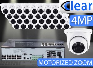 32 CH NVR with (32) IPX14 4 Megapixel, 3.3-12mm Motorized Lens, 30m IR, H.265, CVBS (BNC) Optional, Network IP Dome Camera, & 16 Channel POE Switch 