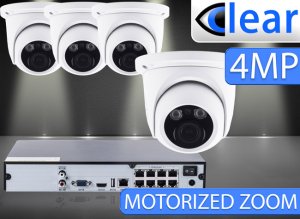 8 CH NVR with (4) IPX5 4 Megapixel, 3.3-12mm Motorized Lens, 30m IR, H.265, CVBS (BNC) Optional, Network IP Dome Camera (Audio Kit Optional)