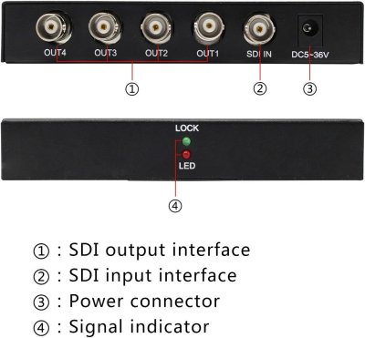 SDI 1x4 Splitter Black Amplifier Splitter 1 in to 4 Out SD-SDI HD-SDI 3G-SDI Repeater Extender