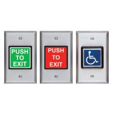424C SDC "PUSH TO EXIT" switch, 2" square button, MO DPDT, 10 Amp contact, 1-gang. Bright Brass F...