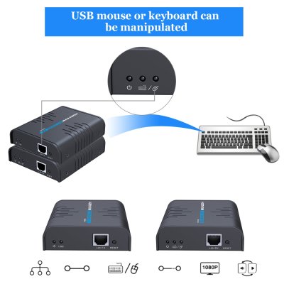 USB HDMI Extender Over Single Cat 5/5E/6/7 Ethernet Cable- Signal Extension Up to 120m/365Ft- USB Keyboard Mouse Support