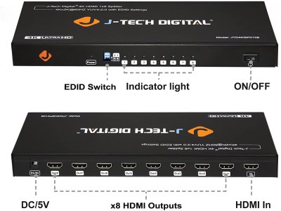 J-Tech Digital JTD4KSP0108 Premium Quality Ultra HD 4K 60HZ 1x8 HDMI Splitter High Resolutions Up To 4Kx2K 36-Bit Deep Color