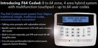 F-64KIT-H NAPCO Freedom F-864 hardwire kit. F-64 control panel, F-TP-H Touchpad with blue backlit...