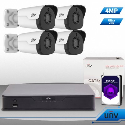 UNV Uniview 4 Ch NVR & (4) HD 4 Megapixel IR Mini Bullet Kit for Business Professional Grade