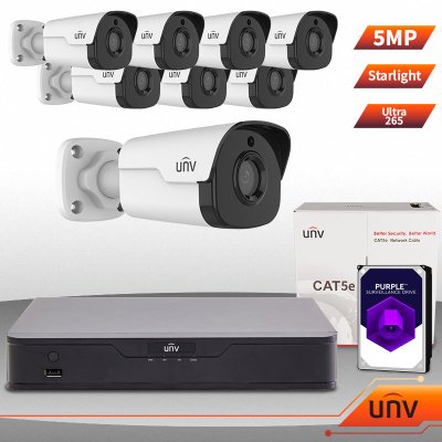 UNV Uniview 8 Ch NVR & (8) 5 Megapixel Starlight IR Mini Bullet Kit Professional Grade