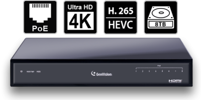 8 Ch 4K GeoVision H.265 DVR with 4 PoE Dome Cameras (EDR4700)