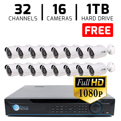 32 CH DVR with 16 HD 1080p Bullet Cameras DVR Kit for Business Commercial Grade FREE 1TB Hard Dri...