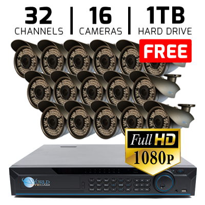 32 CH DVR with 16 HD 1080P Varifocal 2.8-12mm Security Bullet IR 200ft Night Vision HD Kit for Business Professional Grade FREE 1TB Hard Drive