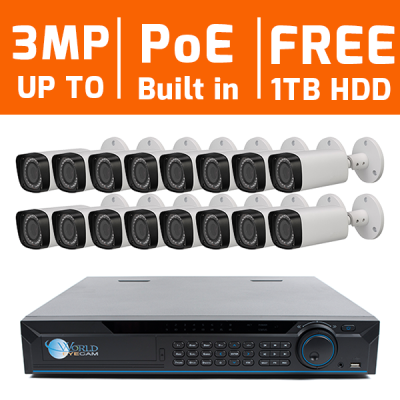16 CH 4K NVR & 16 HD 3 Megapixel IR Bullet With Motorized Zoom with 1TB Hard Drive Kit for Busine...