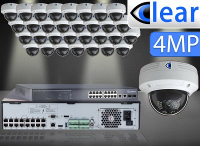 32 CH NVR with (32) IPX3 4 Megapixel, 3.6mm Lens, 30m IR, H.265, CVBS (BNC) Optional, Network IP Dome Camera, & 16 Channel POE Switch