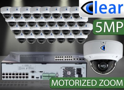 32 CH NVR with (32) IPX12 5 Megapixel, 3.6-10mm Motorized Lens, 30m IR, H.265, CVBS (BNC) Optional, Network IP Dome Camera, & 16 Channel POE Switch