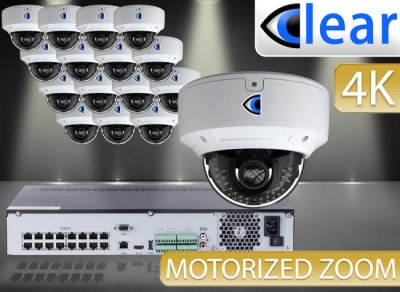 32 CH NVR with (16) 4K IPX10 8 Megapixel, 3.3-12mm Motorized Lens, 30m IR, H.265, CVBS (BNC) Optional, Network IP Dome Camera