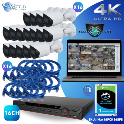 16CH NVR & (16) 8 HD Megapixel Lite IR Fixed Focal Bullet Network Camera Kit