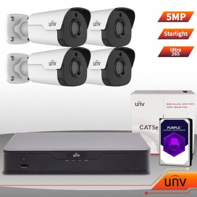 UNV Uniview 4 Ch NVR & (4) 5 Megapixel Starlight IR Mini Bullet Kit for Business