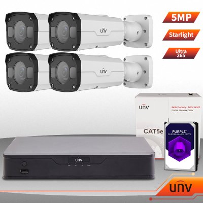 UNV Uniview 4 Ch NVR & (4) 5 Megapixel Starlight IR Motorized Bullet Kit for Business