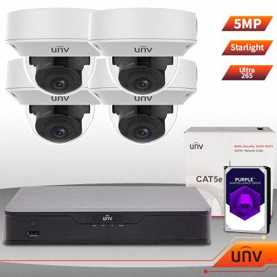 UNV Uniview 4 Ch NVR & (4) 5MP Megapixel Starlight IR Motorized Vandal Dome Kit for Business