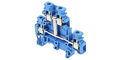 Blue double-deck terminal blocks UL rated 20 Amps with a screw clamp connection that accepts 22 - 12 AWG wire range