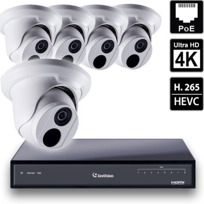 8 Ch 4K GeoVision H.265 DVR with 4 PoE Dome Cameras