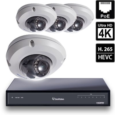 8 Ch 4K GeoVision H.265 DVR with 4 PoE Dome Cameras (EDR4700)