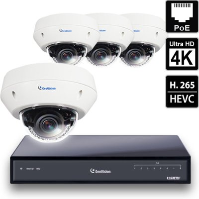 8 Ch 4K GeoVision H.265 DVR with 4 PoE Dome Cameras (EVD5100)