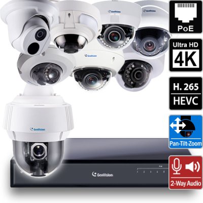 8 Ch 4K GeoVision H.265 DVR with 8 PoE Dome Cameras (2-Way Audio & Panoramic PTZ Options Availabl...