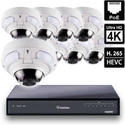 8 Ch 4K GeoVision H.265 DVR with 8 PoE Dome Cameras (VD5711)