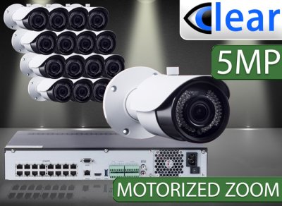 32 CH NVR with (16) IPX11 5 Megapixel, 3.6-10mm Motorized Lens, 30m IR, H.265, CVBS (BNC) Optional, Network IP Bullet Camera 