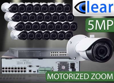 32 CH NVR with (32) IPX11 5 Megapixel, 3.6-10mm Motorized Lens, 30m IR, H.265, CVBS (BNC) Optional, Network IP Bullet Camera, & 16 Channel POE Switch 