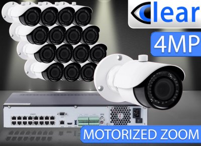 32 CH NVR with (16) IPX13 4 Megapixel, 3.3-12mm Motorized Lens, 30m IR, H.265, CVBS (BNC) Optional, Network IP Bullet Camera 