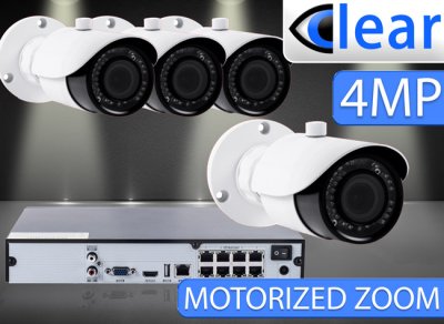 8 CH NVR with (4) IPX13 4 Megapixel, 3.3-12mm Motorized Lens, 30m IR, H.265, CVBS (BNC) Optional, Network IP Bullet Camera 