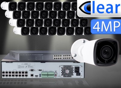 32 CH NVR with (32) IPX1 4 Megapixel, 3.6mm Lens, 30m IR, H.265, CVBS (BNC) Optional, Network IP Bullet Camera, & 16 Channel POE Switch 