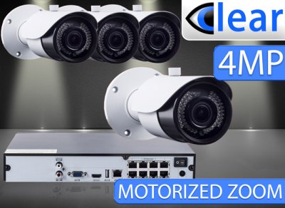 8 CH NVR with (4) IPX4 4 Megapixel, 3.3-12mm Motorized Lens, 30m IR, H.265, CVBS (BNC) Optional, Network IP Bullet Camera (Audio Optional)