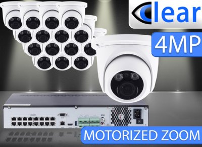 32 CH NVR with (16) IPX5 4 Megapixel, 3.3-12mm Motorized Lens, 30m IR, H.265, CVBS (BNC) Optional, Network IP Dome Camera  (Audio Kit Optional)