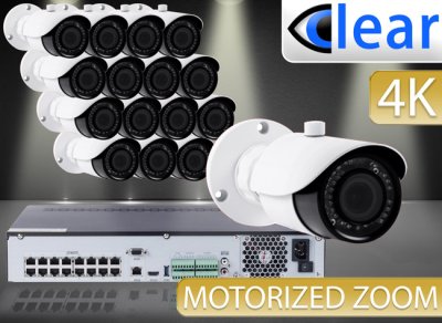 32 CH NVR with (16) 4K IPX8 8 Megapixel, 3.3-12mm Motorized Lens, 30m IR, H.265, CVBS (BNC) Optional, Network IP Bullet Camera 