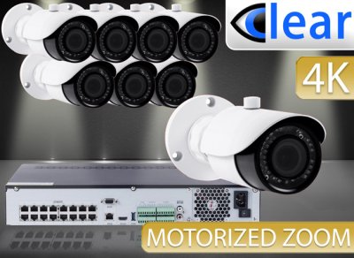 32 CH NVR with (8) 4K IPX8 8 Megapixel, 3.3-12mm Motorized Lens, 30m IR, H.265, CVBS (BNC) Optional, Network IP Bullet Camera 