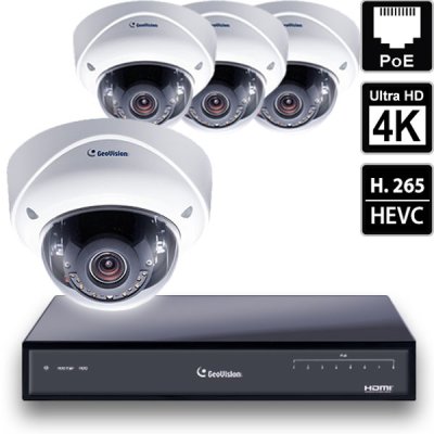 8 Ch 4K GeoVision H.265 DVR with 4 PoE Dome Cameras (VD5700)